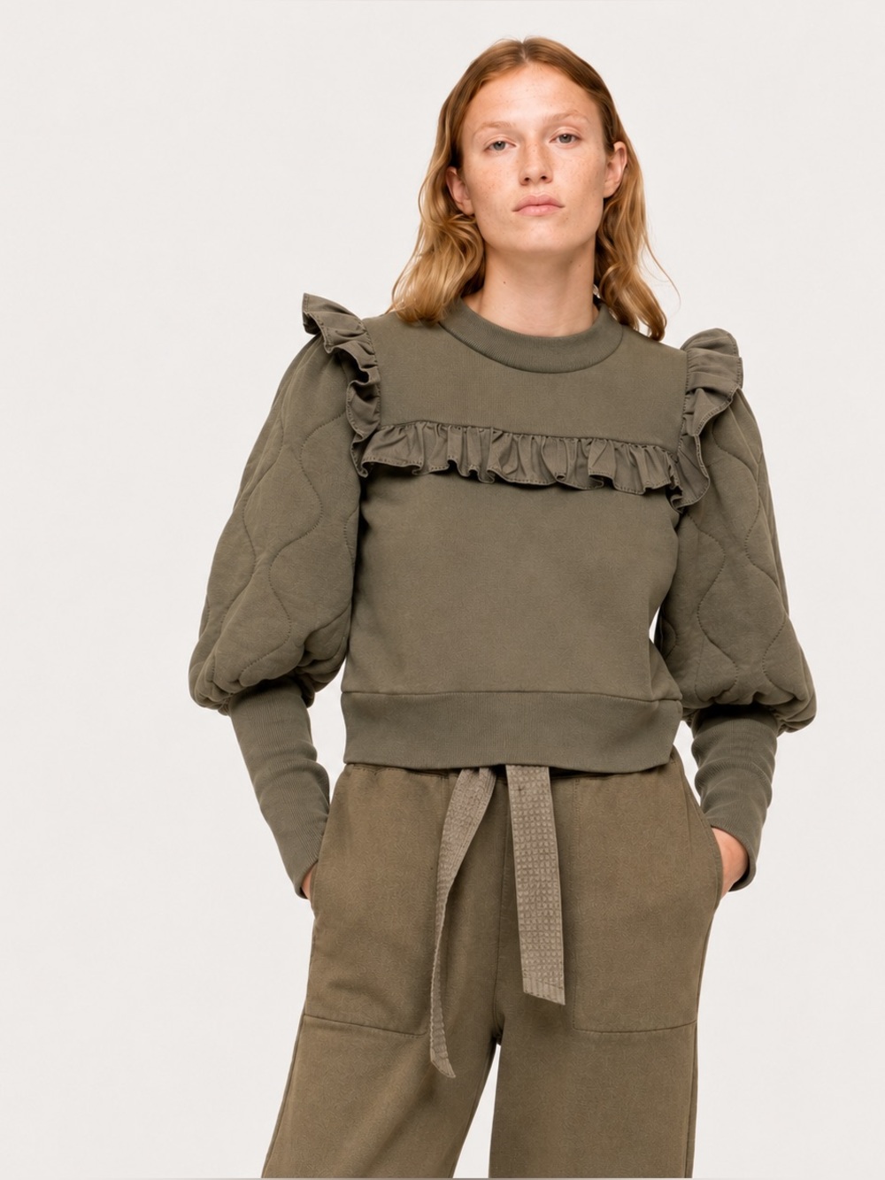Sea New York Layla Quilted Puff Sleeve Ruffle Sweatshirt Olive Green Small
